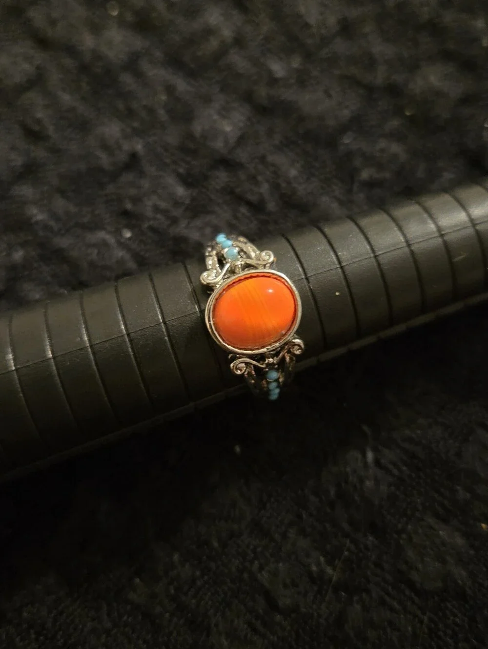 Vintage Style Silver-Tone Statement Ring - Faux Orange Stone & Blue Beads